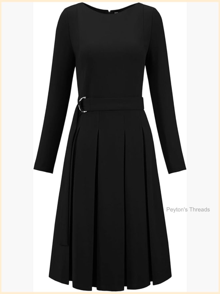 Pleated Midi Dress With Belt - A-Line Long Sleeve Work Dress